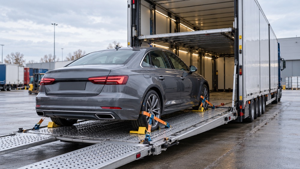 Bil fastspændt på en lukket professionel autotransporter
